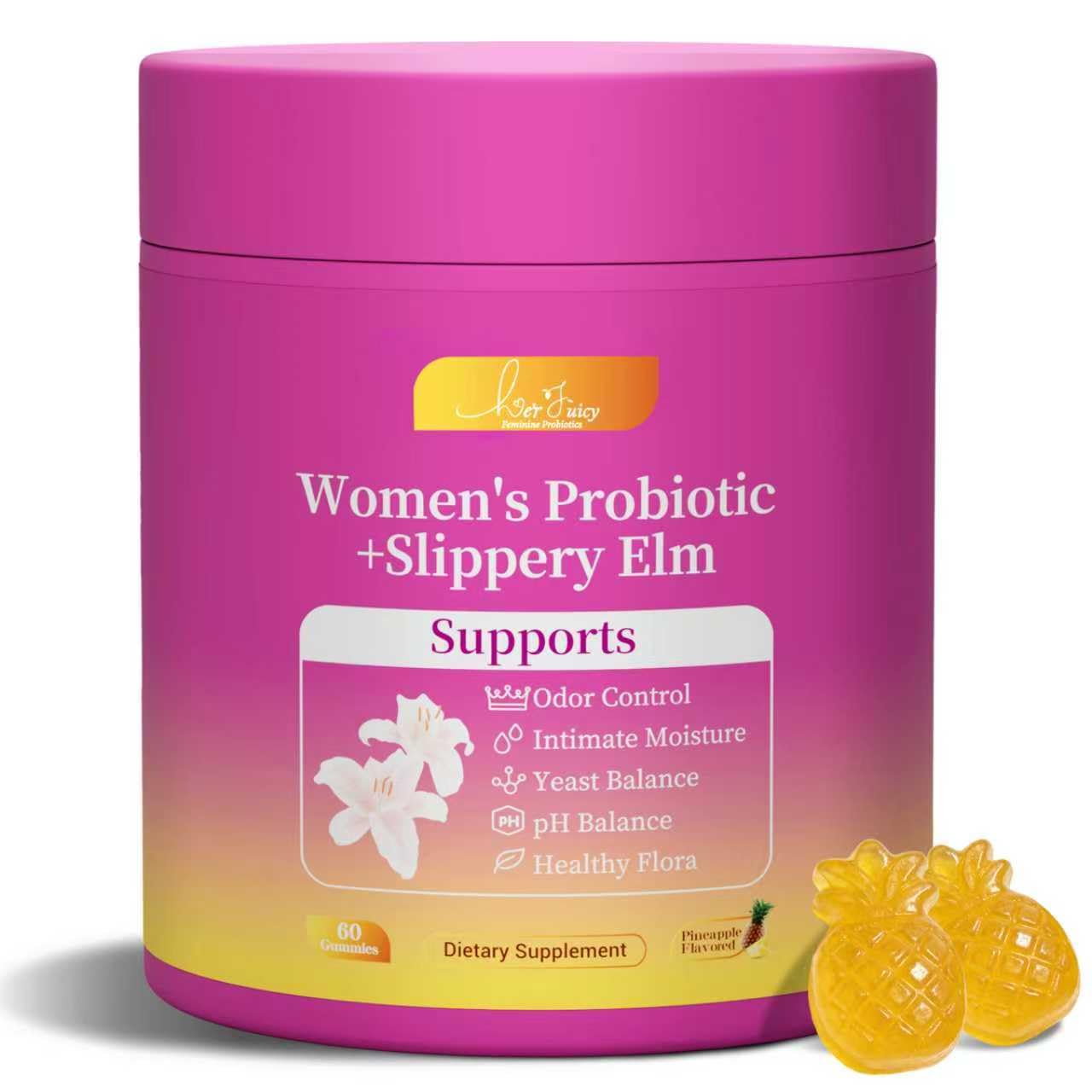 Brurtzexs Her Juicy Feminine Probiotics Gummies for Women with Slippery Elm - Pineapple Flavor, pH Balance & Immune Health Support - Digestive & Feminine Support - Vegan Supplement, 60 C Brurtzexs uk supplements