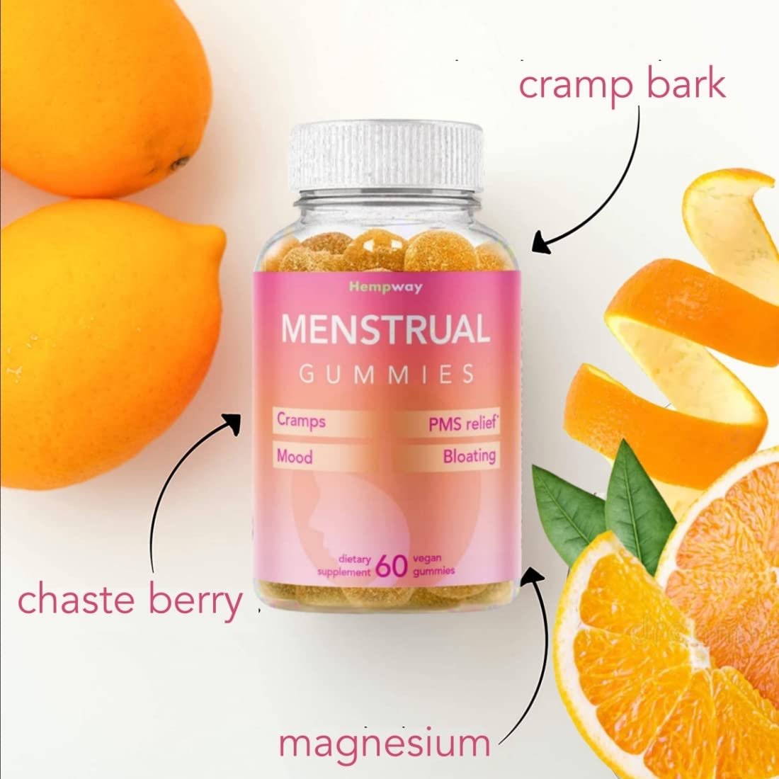 HEMPWAY Menstrual Gummies for Women May Help Support Bloating, Period Relief | Plant-Based | Cramp Bark, Magnesium, Chaste Berry | Vegan | Orange 60ct HEMPWAY uk supplements