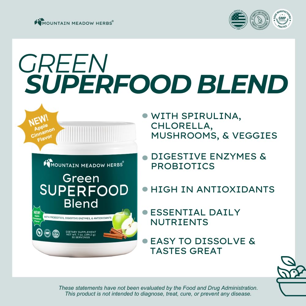 Mountain Meadow Herbs Green Superfood Blend – Spirulina, Chlorella, Mushrooms, Probiotics, Digestive Enzymes, Antioxidants – Organic Greens Powder for Energy & Gut Health – 30 Servings Mountain Meadow Herbs uk supplements