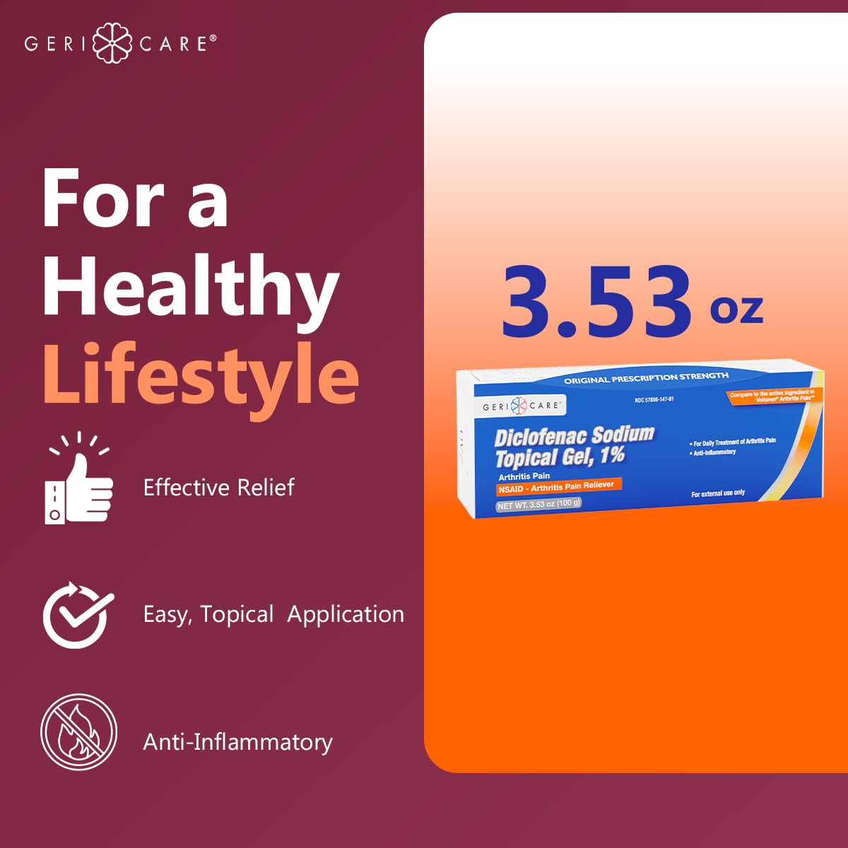 GeriCare Topical Arthritis Pain Relief Gel Diclofenac Sodium 1% (NSAID) Hand Wrist Elbow Foot Ankle Knee Extra-Strength Pain Reliever- Anti-inflammatory Arthritis Pain Treatment, 3.53oz (2 Pack) GeriCare uk supplements