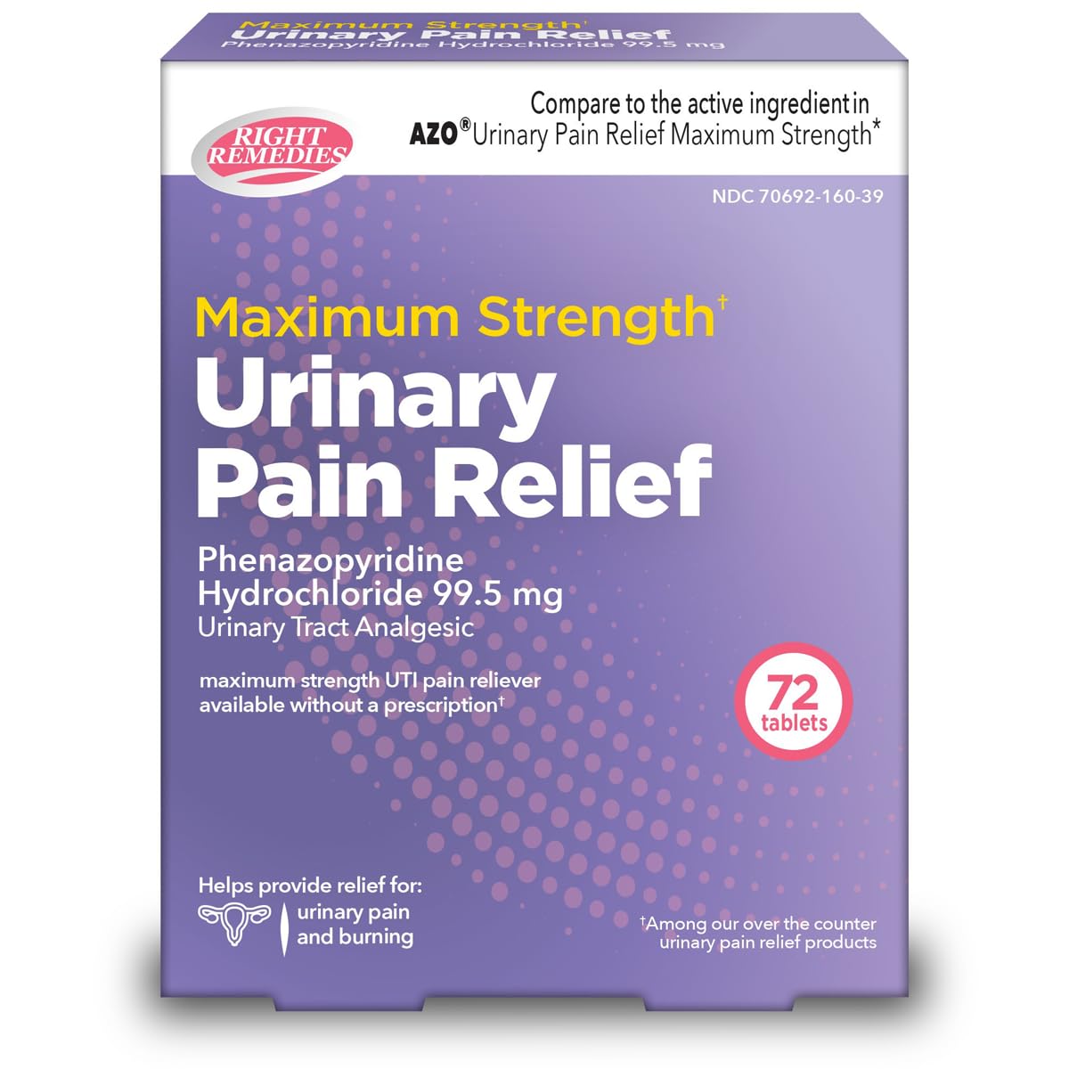 RIGHT REMEDIES Urinary Pain Relief Phenazopyridine HCl 99.5mg Tablets | Maximum Strength OTC for Fast Relief of UTI Pain, Burning and Bladder discomfort | Generic AZO Maximum Strength (72 Count) RIGHT REMEDIES uk supplements