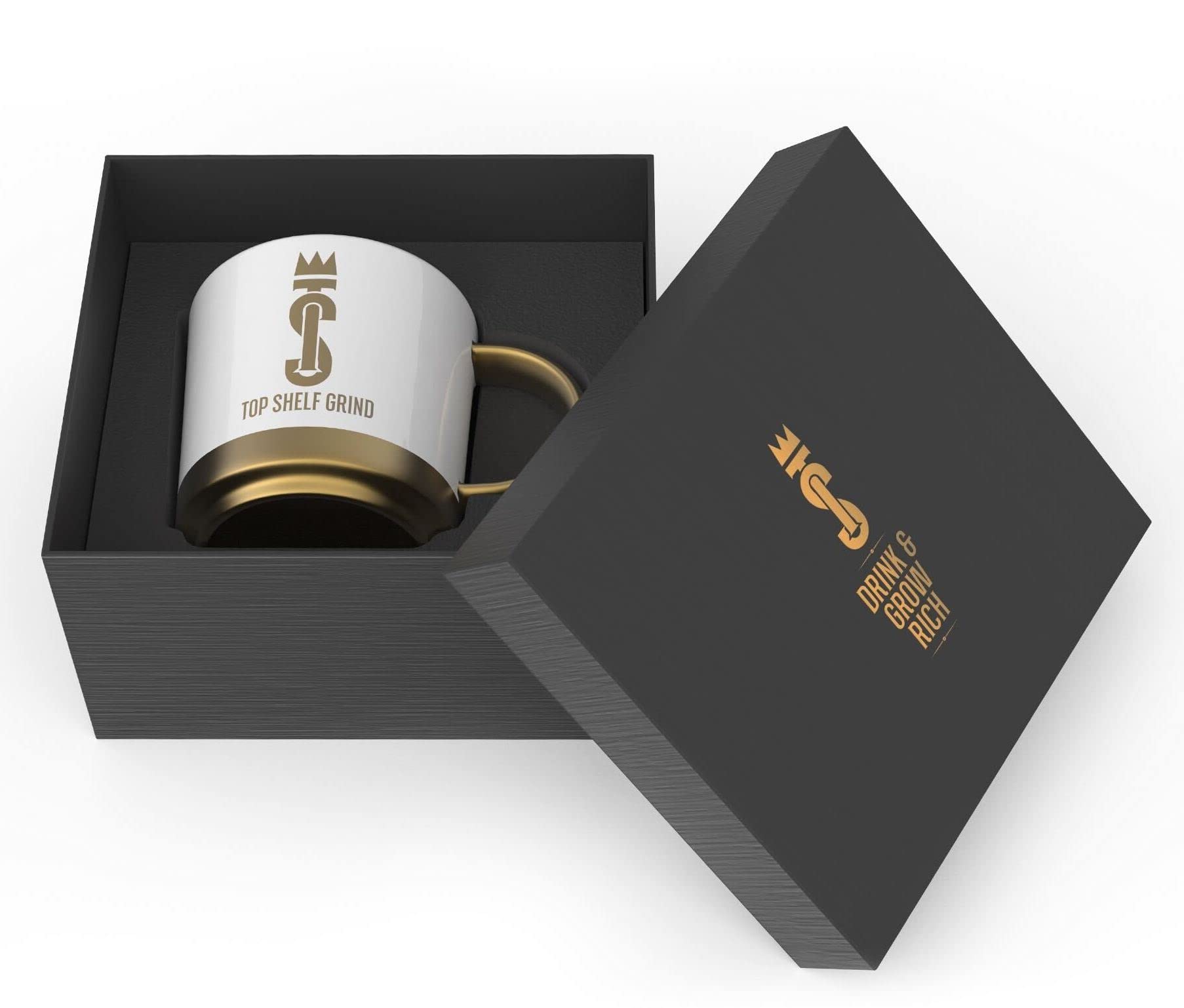 Top Shelf Grind Coffee Mug - The Prosperity Cup (Drink & Grow Rich) - White & Gold Join Top Shelf Grind uk supplements