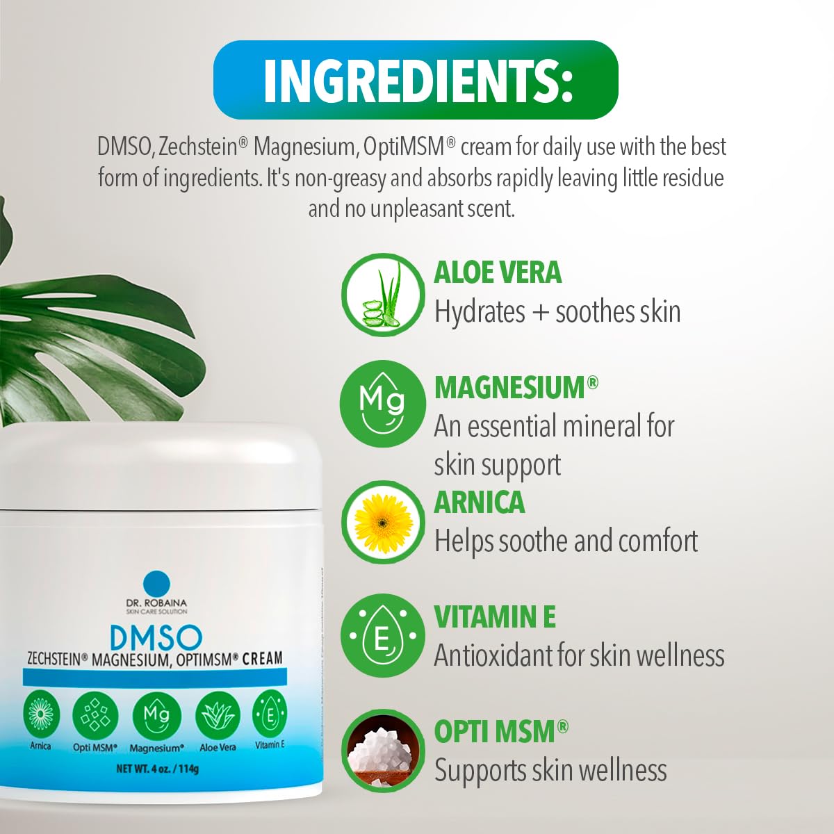 Dr. Robaina DMSO Cream – 99.9% Pure Dimethyl Sulfoxide | Formula with Zechstein Magnesium, Arnica, Aloe Vera & Vitamin E | Topical Cream for Body Wellness Dr. Robaina uk supplements
