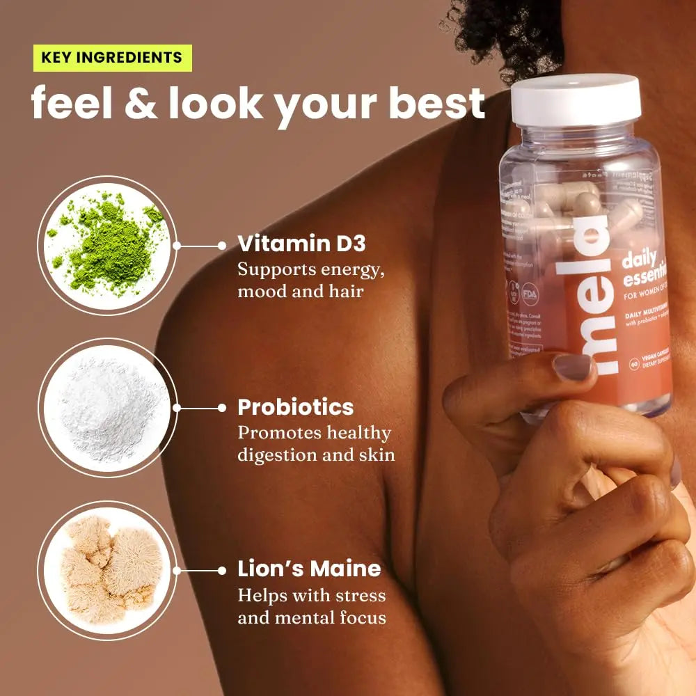 Mela Daily Essentials Multivitamin for Melanated Women - High-Dose Vitamin D3 and B12, Probiotics, Lion's Mane, Ceylon Cinnamon Mela uk supplements