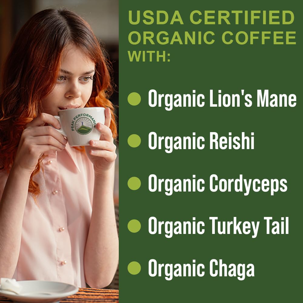 Organic Mushroom Coffee Pods with Lion's Mane, Reishi, Cordyceps, Turkey Tail, and Chaga Mushrooms. High Altitude, Low Acid, Smooth Tasting, Fair Trade, Instant Nootropic Coffee (Medium Roast Ground) Peak Performance uk supplements