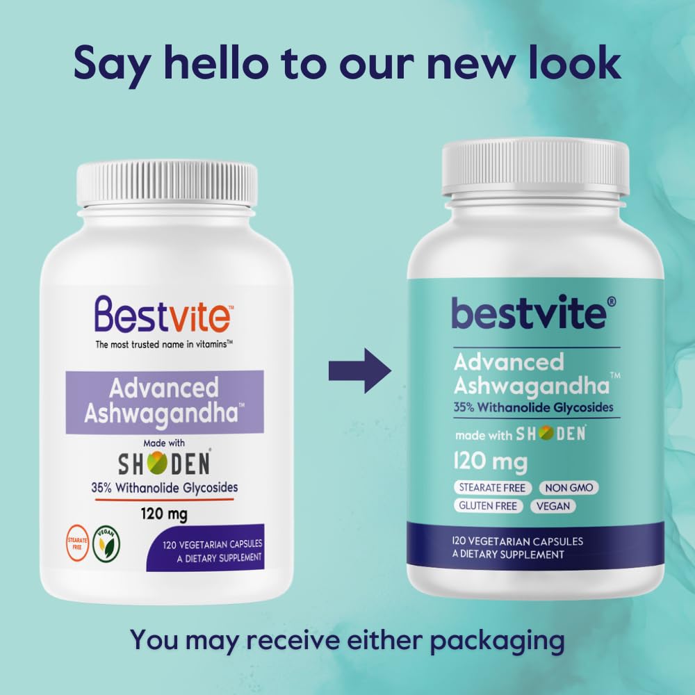 BESTVITE Advanced Ashwagandha 120mg w/Shoden (120 Vegetarian Capsules) - Clinically Studied Containing Industry Leading 35% Withanolide Glycosides - No Stearates - Vegan - Non GMO - Gluten Free BESTVITE uk supplements