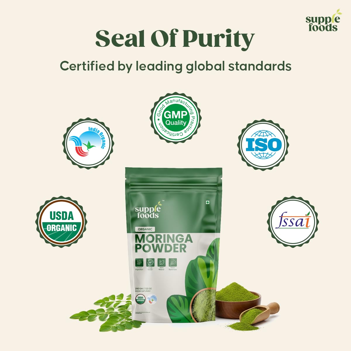 supplefoods Organic Moringa Powder 200 g / 7.05 oz | 100% Natural Green Superfood | Assists Digestion & Daily Detox | Finely Milled Moringa Leaf Powder | USDA Certified Organic Dietary Supplement supplefoods uk supplements