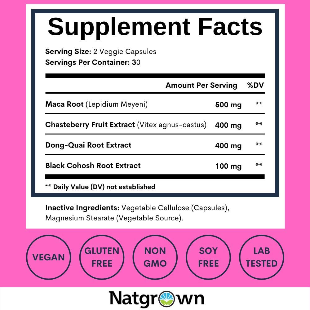 Natgrown Hormone Balance for Women PMS & Menopause Supplement for Fertility Hormonal & Menstrual Support, Helps Relief Hot Flashes - Maca Root, Vitex, Dong Quai & Black Cohosh Complex -Vegan Capsules Natgrown uk supplements