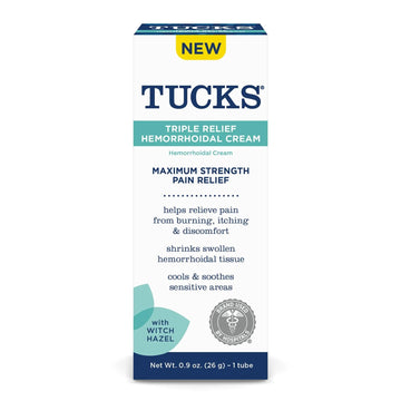 Tucks Triple Relief Hemorrhoidal Cream, Maximum Strength Pain Relief from Burning, Itching and Discomfort, with Witch Hazel, Treatment, Brand Used by Hospitals, 0.9oz. (26g) TUCKS uk supplements