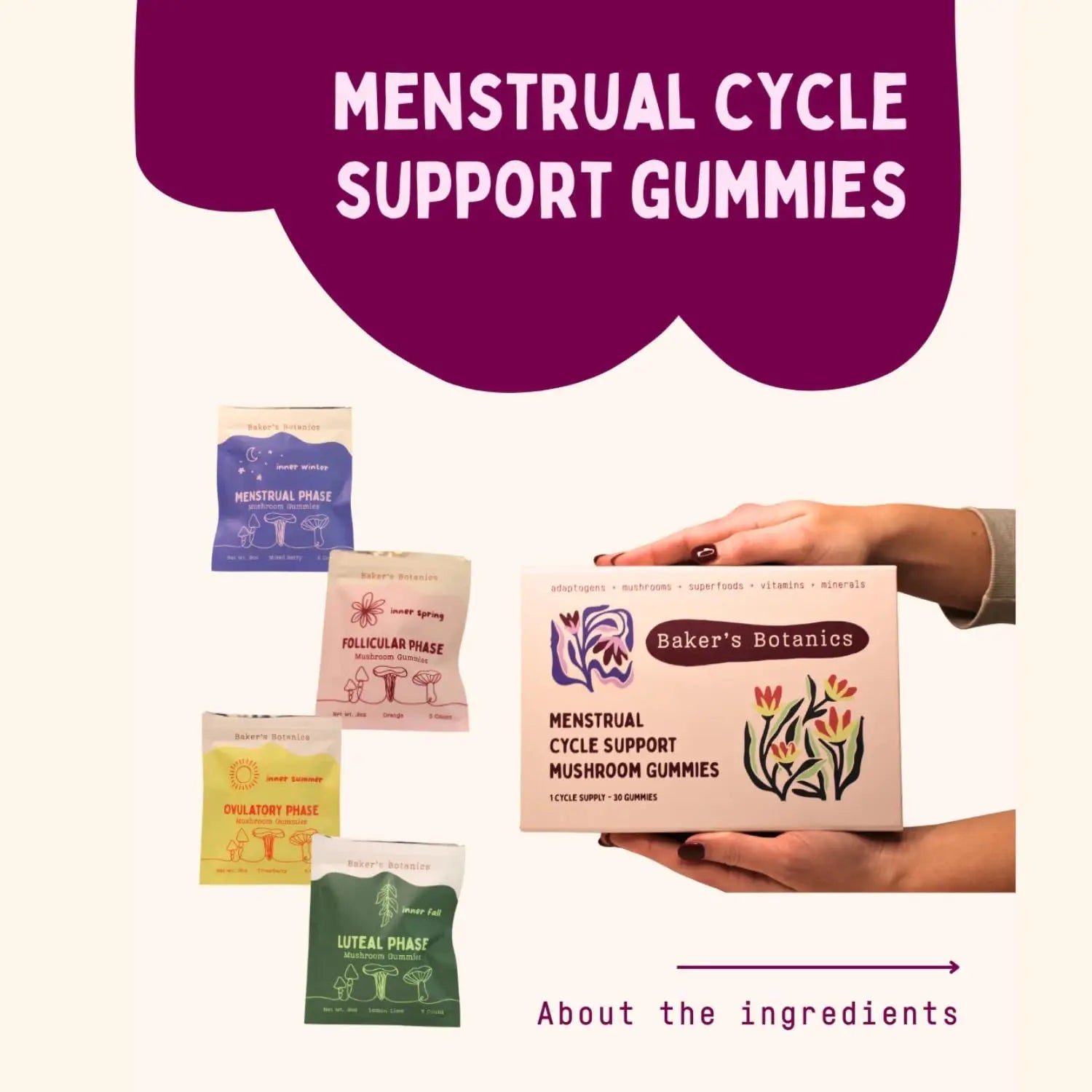 Period ovulatory & PMS Support Supplement for Women – Hormone Balance + 4-Phase Menstrual Cycle Kit | Vegan Functional Mushroom Gummies by Baker’s Botanics (Pack of 6)(30 Gummies) Baker's Botanics uk supplements