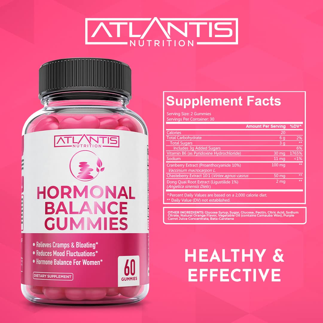 Atlantis Nutrition Hormonal Balance for Women & PMS Relief Gummies - Alleviates Cramps, Bloating, Mood Swings, Hot Flashes & Night Sweats - Cranberry, Dong Quai & Chasteberry Menstrual Cramp Relief Atlantis Nutrition uk supplements