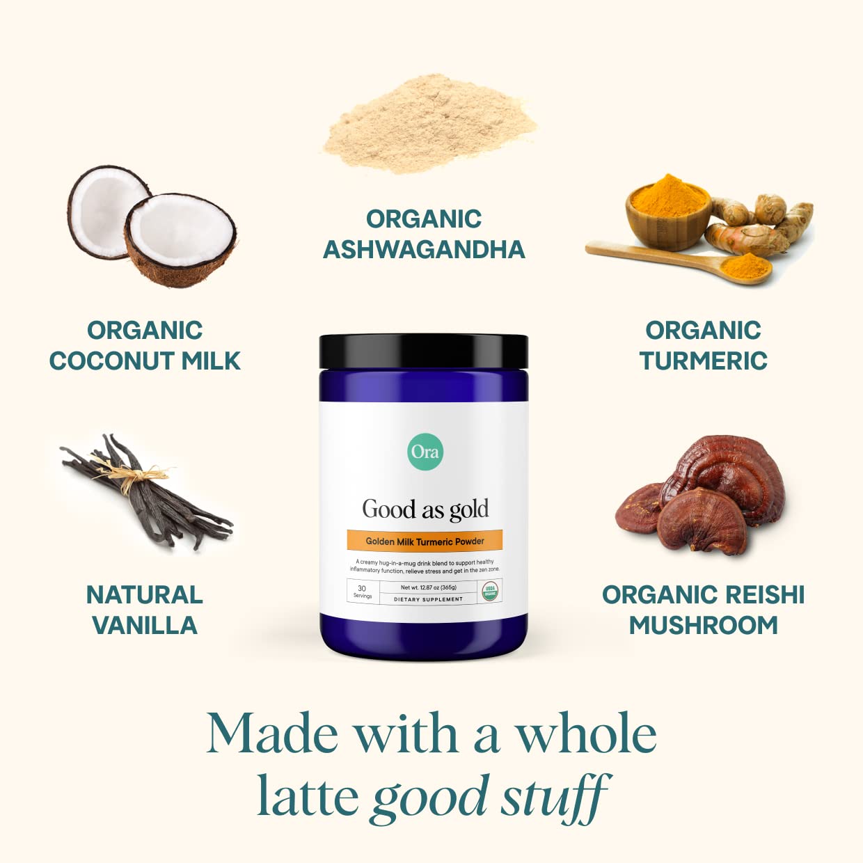 Ora Organic Golden Milk Powder - Ayurvedic Turmeric Powder with Organic Adaptogens - Ashwagandha, Reishi and Ginger | Organic, Gluten-Free, Soy-Free, Vegan, Non-GMO - Maple & Vanilla, 30 Servings Ora Organic uk supplements