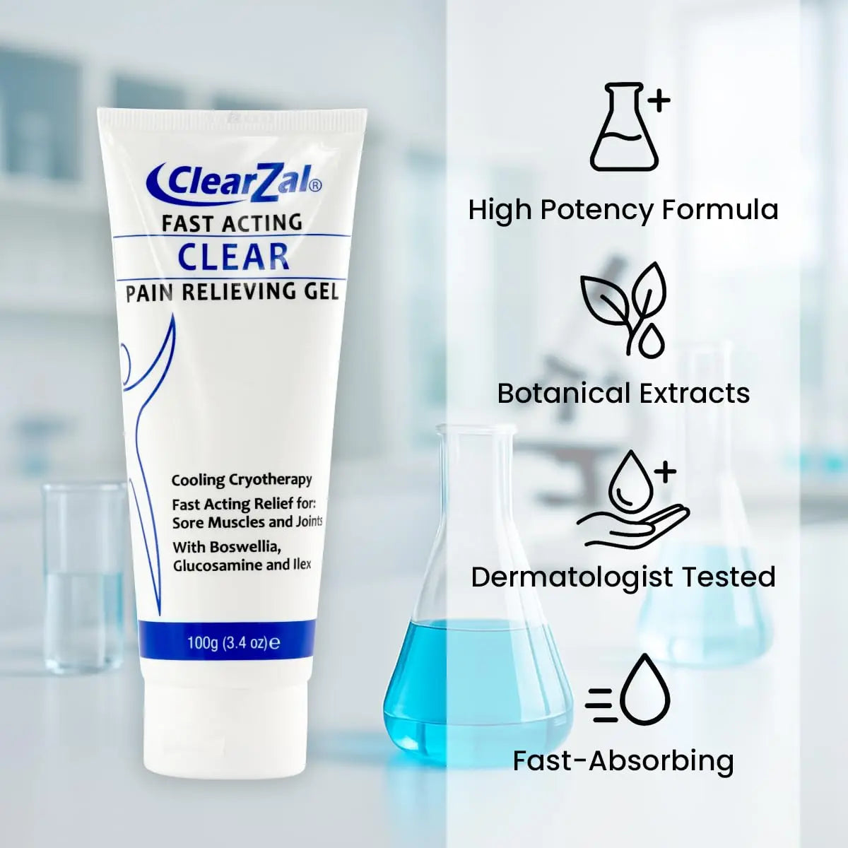 ClearZal Fast Acting Clear Pain Relieving Gel with Cooling Cryotherapy, Boswellia and Glucosamine for Sore Muscles and Joints, Soothing Cooling Gel 3.4 oz Clearzal uk supplements