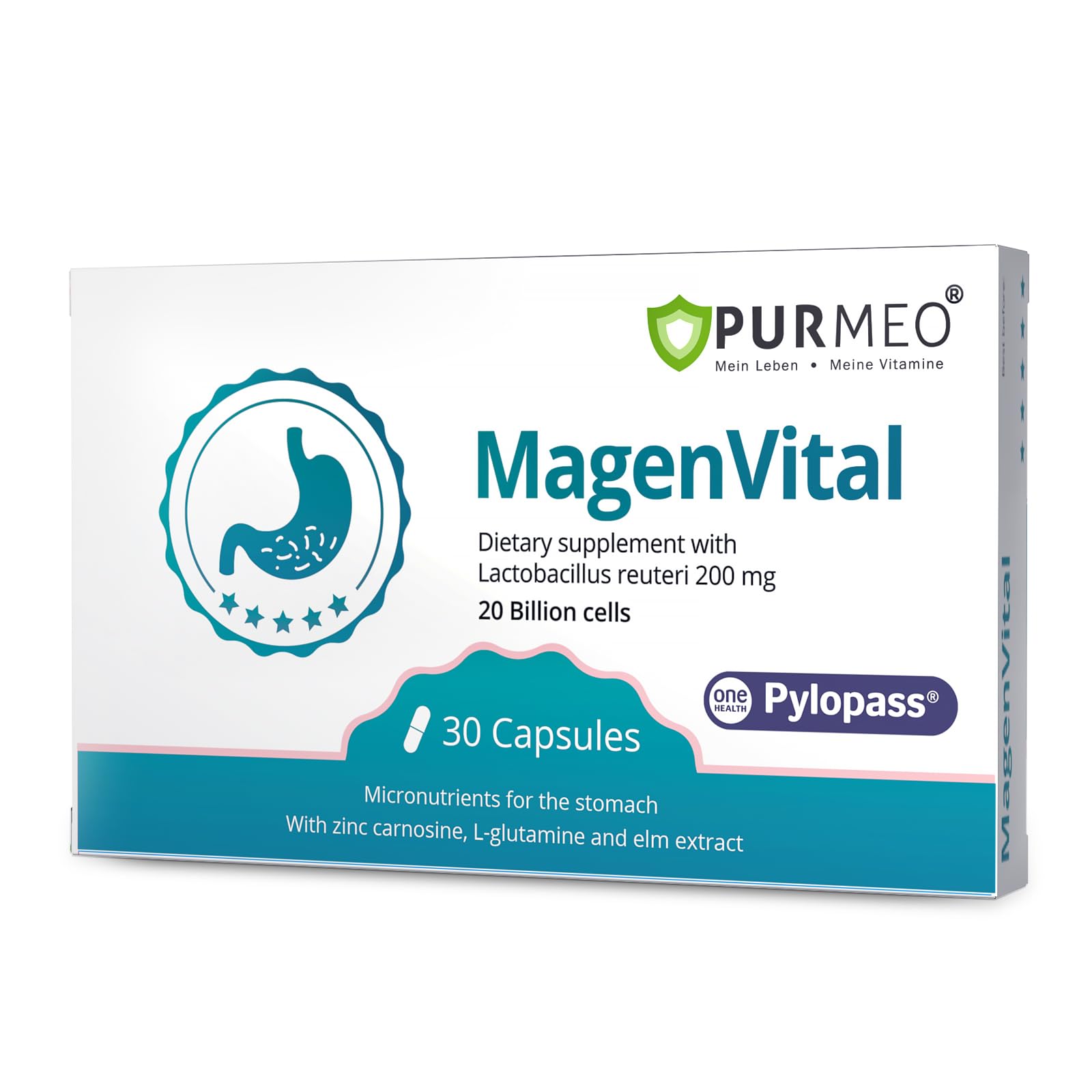 5-in-1 High Potency H. Pylori Probiotic, 1 Per Day - Supports Gastric Lining Integrity, Occasional Indigestion, Acid Comfort - Pylopass Lactobacillus Reuteri, Gluten Free, Vegan, 30ct, Made in Germany purmeo uk supplements