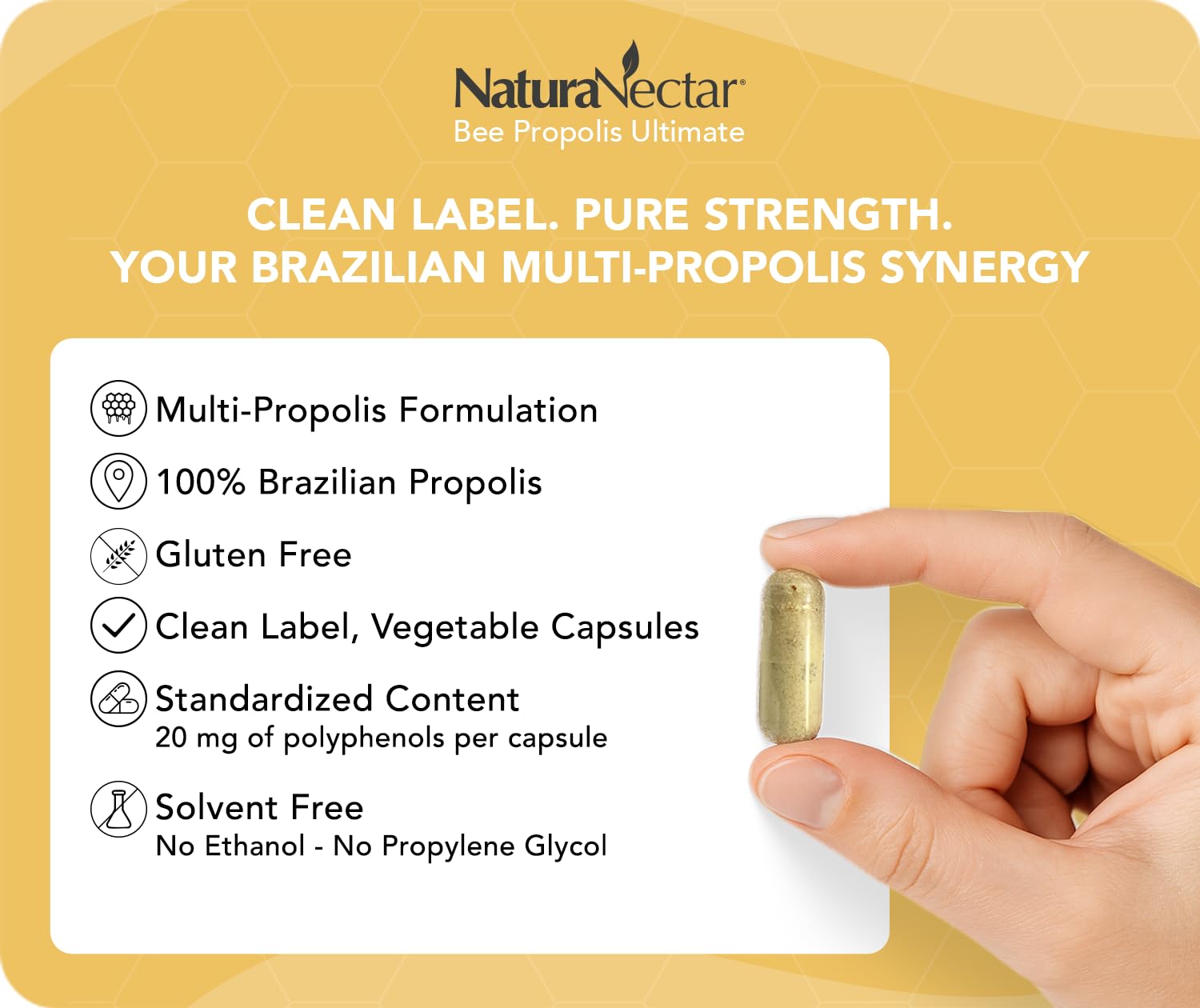 NaturaNectar - Ultimate Bee Propolis Capsules - NSF Contents Certified -Brazilian Red, Brown, & Green - Gluten-Free Supplement with Flavonoids - Naturally Sourced Through Ethical Beekeeping (60pcs.) NaturaNectar uk supplements