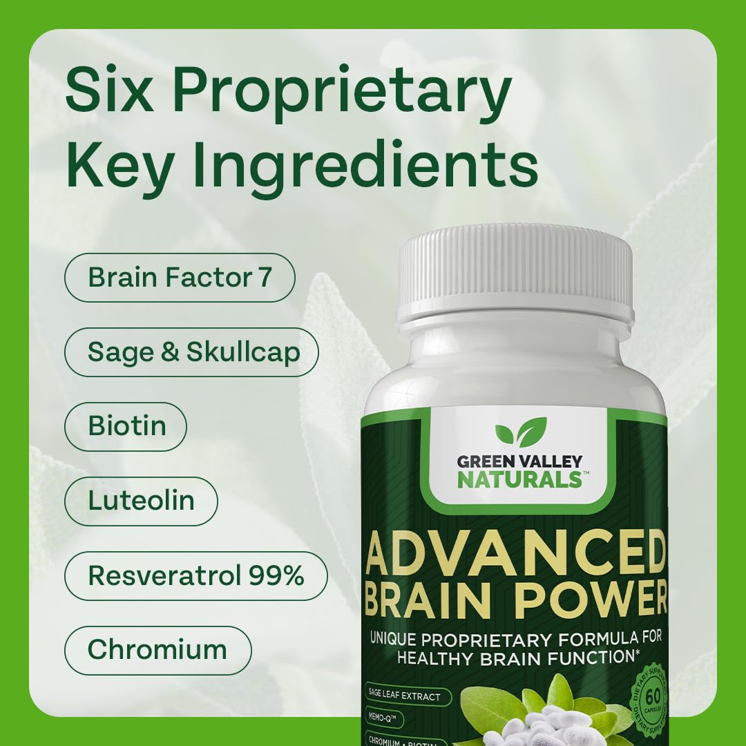 GREEN VALLEY NATURALS - Advanced Brain Power - Supports Healthy, Normal Brain Function, Focus and Concentration, clinically formulated to Support Healthy Brain Clarity. (1 Bottle, 60, Count) GREEN VALLEY NATURALS uk supplements