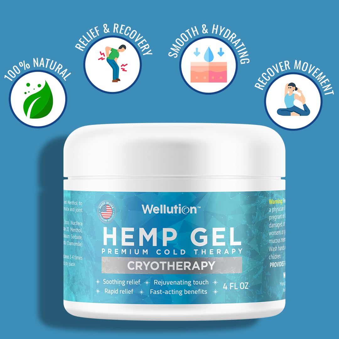 WELLUTION Cryotherapy Hemp Gel – Gentle Cooling Sensation with Menthol & Arnica – Non-Greasy, Quick-Absorbing Formula – Lightweight Gel for Comfort & Refreshing Feel – 4oz WELLUTION uk supplements