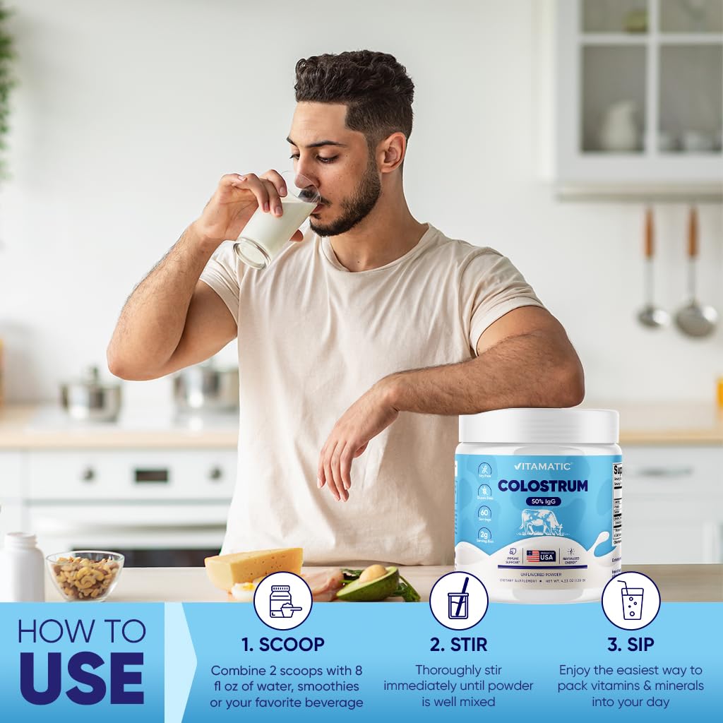 Vitamatic Bovine Colostrum Powder - 50% Highest IgG -120 Gram - Supplement for Gut Health, Hair Growth, Beauty, Muscle Recovery, & Immune Support - Easy to Mix - Unflavored - 60 Servings Vitamatic uk supplements