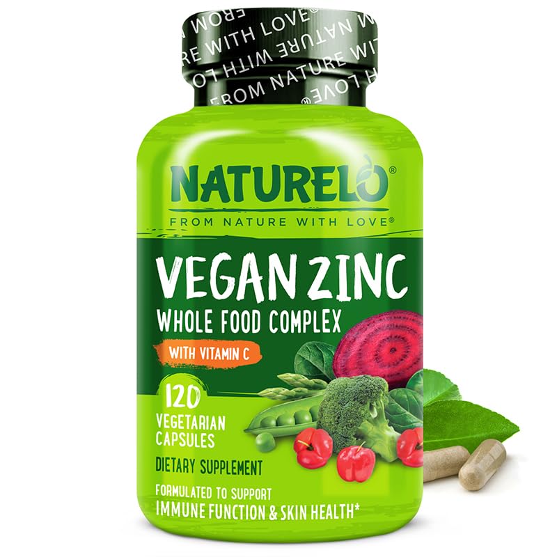 NATURELO Vegan Zinc Immune Support Capsules - Whole Food Complex with Vitamin C for Healthy Skin, Hair, and Nails - 120 Capsules NATURELO uk supplements