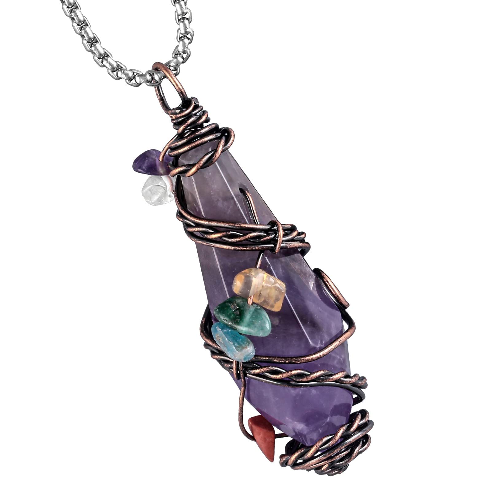 Nupuyai Wire Wrapped 7 Chakra Crystal Stone Pendant Necklace for Women Men, Handmade Faceted Nupuyai uk supplements