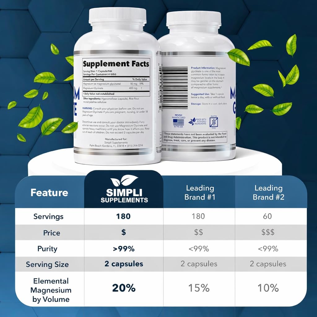 Magnesium Glycinate 400mg per Serving – High Absorption – Gentle on Stomach – Supports Sleep, Relaxation, Muscle, Bone & Immune Health – Non-GMO, Vegan, 180 Capsules Simpli Supplements uk supplements