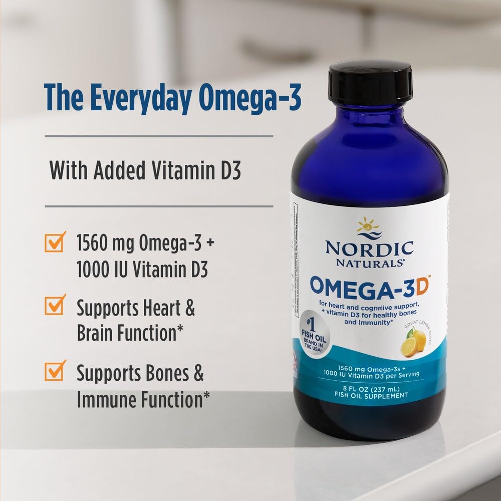 Nordic Naturals Omega-3D, Lemon Flavor - 8 oz - 1560 mg Omega-3 + 1000 IU Vitamin D3 - Fish Oil - EPA & DHA - Immune Support, Brain & Heart Health, Healthy Bones - Non-GMO - 48 Servings Nordic Naturals uk supplements