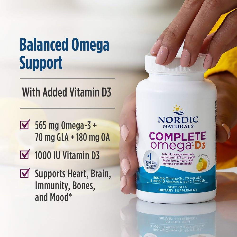 Nordic Naturals Complete Omega-D3, Lemon Flavor - 120 Soft Gels - 565 mg Omega-3 + 70 mg GLA + 1000 IU Vitamin D3 - EPA & DHA - Healthy Skin, Cognition, Positive Mood - Non-GMO - 60 Servings Nordic Naturals uk supplements