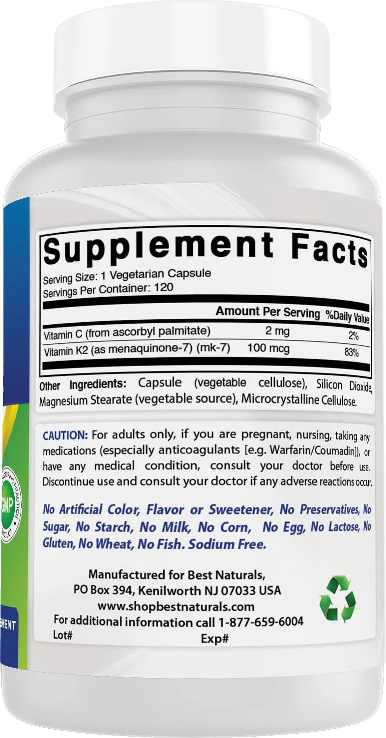Best Naturals MK-7 Vitamin K2 100 mcg 120 Vcaps Best Naturals uk supplements