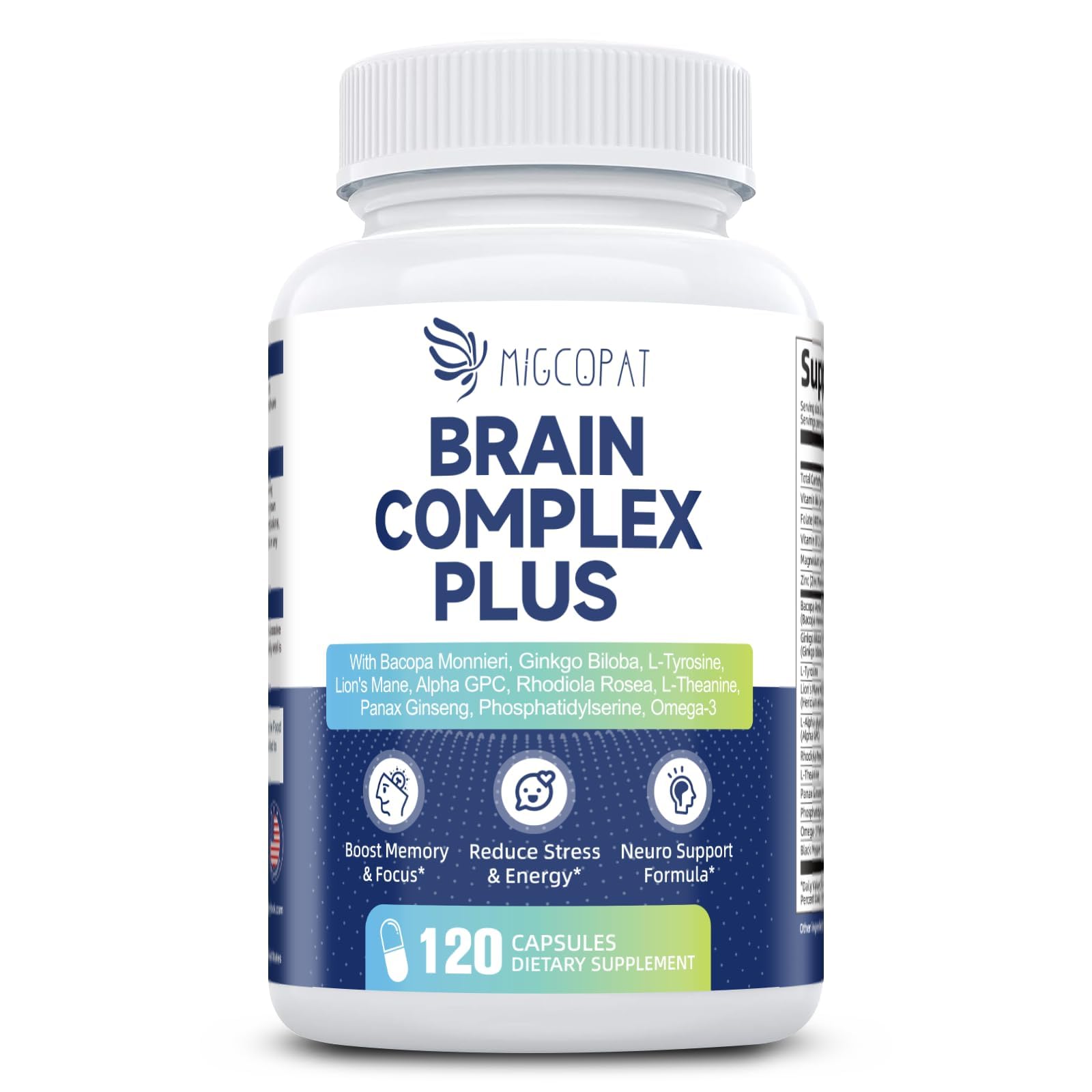 Brain Supplements for Memory and Focus | Nootropic with Bacopa Monnieri, Lion's Mane, Alpha GPC, Ginkgo Biloba | Mental Clarity & Cognitive Support | Vitamin B6 & B12 Neuro Health - Non-GMO, 120 Caps Migcopat uk supplements