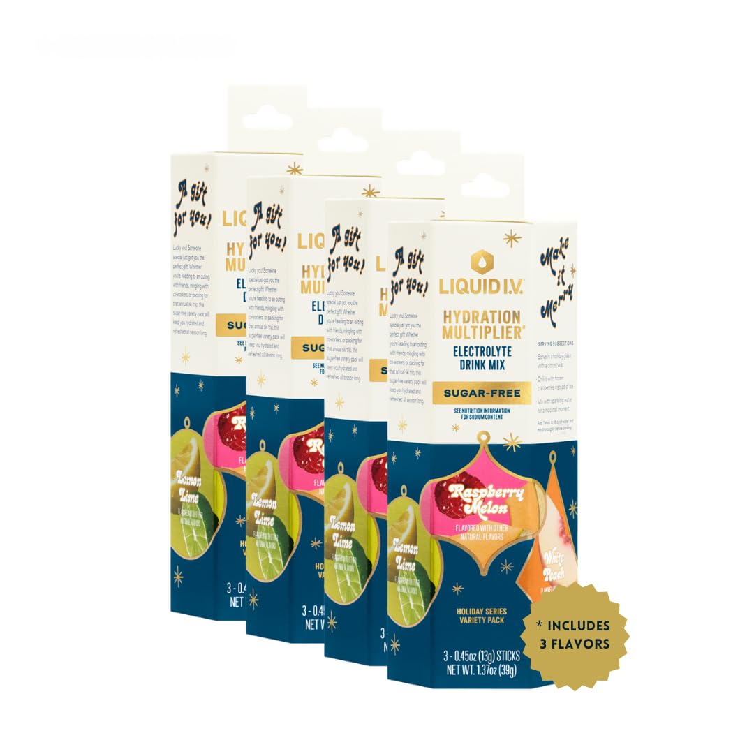 Liquid I.V.® Hydration Multiplier Sugar-Free - Variety Pack Stocking Stuffer - Raspberry Melon, Lemon Lime, and White Peach - 4 Pack (12 Sticks) Liquid I.V. uk supplements