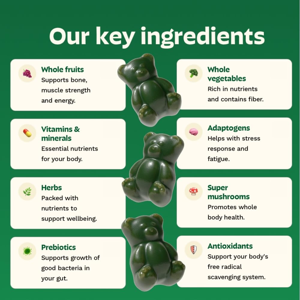 Gruns Adult Super Greens Multivitamin Gummies, Superfood Gummy Vitamins for Women and Men with Spirulina, Chlorella, Adaptogens & Prebiotic Fiber for Digestive Health (28 Count) Grüns uk supplements