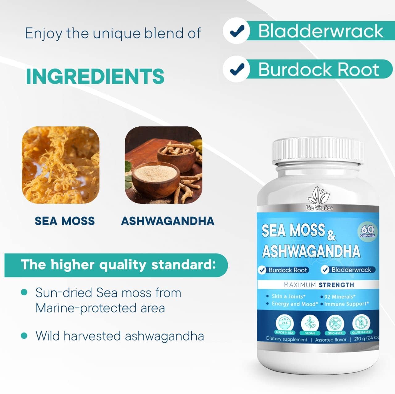 BIO VITALICA Sea Moss Ashwagandha Gummies - Organic Irish Seamoss & Ashwagandha Root Supplements for Supporting Energy for Men & Women, 60 Vegan Gummies BIO VITALICA uk supplements