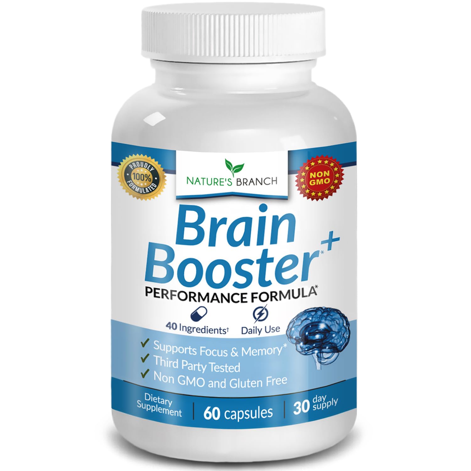 40-in-1 Brain Booster Supplement for Focus, Memory, Clarity, Energy | Advanced Vitamins Plus eBook | for Men & Women, Cognitive Function Nootropic Support with DMAE, Mind Health Formula | 60 Capsules NATURE'S BRANCH uk supplements