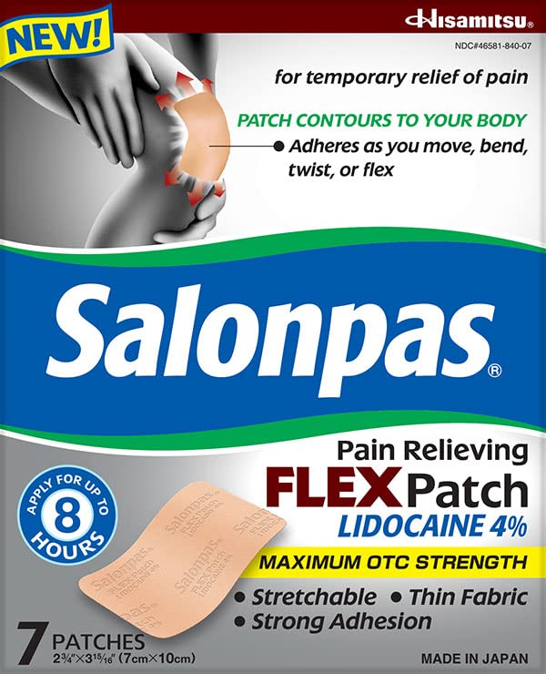 Salonpas Temporary Pain Relieving Flex Patch with Lidocaine 4%, Maximum OTC Strength, Stretchable Thin Fabric, Strong Adhesion, Contours to Body, Apply for Up to 8 Hours 7 ct (Pack of 2) Salonpas uk supplements