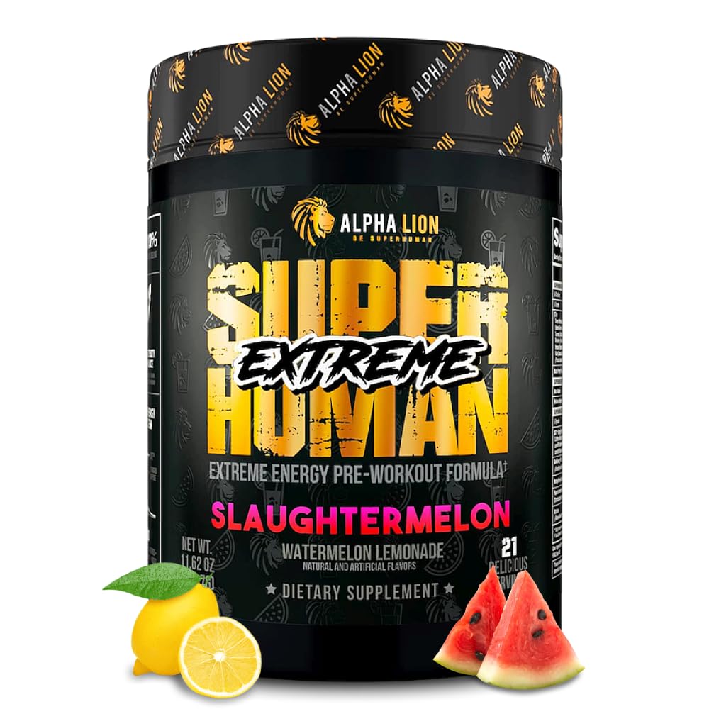 ALPHA LION Superhuman Extreme High Stim Pre Workout Powder, Beta Alanine, L-Taurine & 356mg Tri-Source Caffeine for Sustained Energy, Nitric Oxide & Citrulline for Pump (21 Servings, Slaughtermelon) ALPHA LION uk supplements