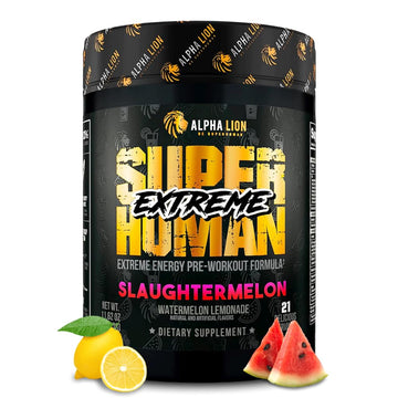 ALPHA LION Superhuman Extreme High Stim Pre Workout Powder, Beta Alanine, L-Taurine & 356mg Tri-Source Caffeine for Sustained Energy, Nitric Oxide & Citrulline for Pump (21 Servings, Slaughtermelon) ALPHA LION uk supplements