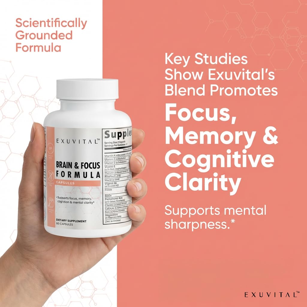 EXUVITAL Brain & Focus Formula, Veggie Capsules, 60 Count, Nootropic Supplement with Vitamins, Minerals and Proprietary Blend for Clarity, Memory, Cognition and Mental Focus EXUVITAL uk supplements
