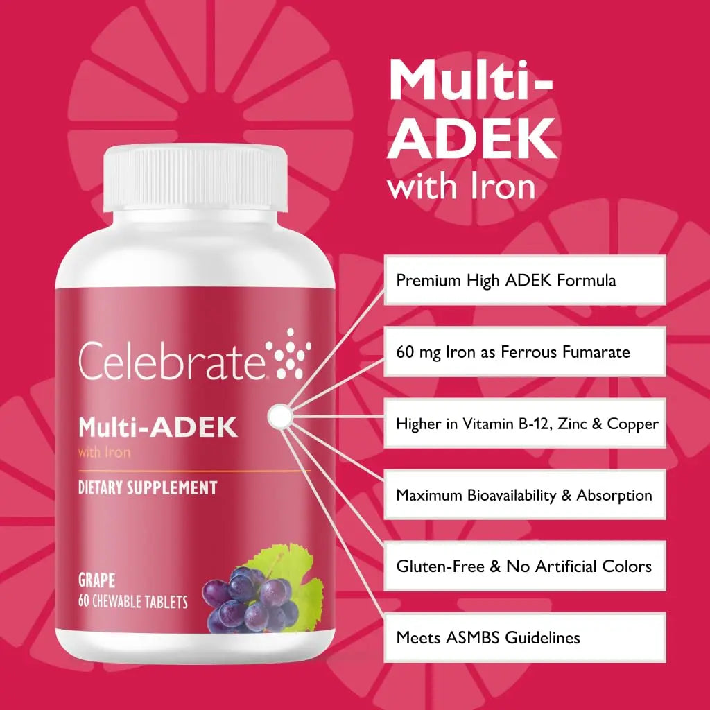 Celebrate Vitamins Multi ADEK Chewables, 60mg Iron - Daily Bariatric Multivitamin, Vitamins A, D, E, K & B12 for Duodenal Switch Surgery Patients Celebrate Bariatric Supplements uk supplements