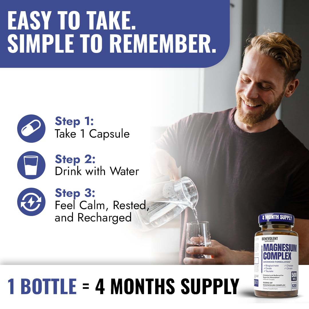 Magnesium Complex Supplement, 4 Month Supply of 500mg 5-in-1 Bisglycinate, Oxide, Taurate, Aspartate, Citrate, Max Absorption Magnesium Supplement for Calm, Sleep & Leg Cramps, 120 Capsule Benevolent Nourishment uk supplements