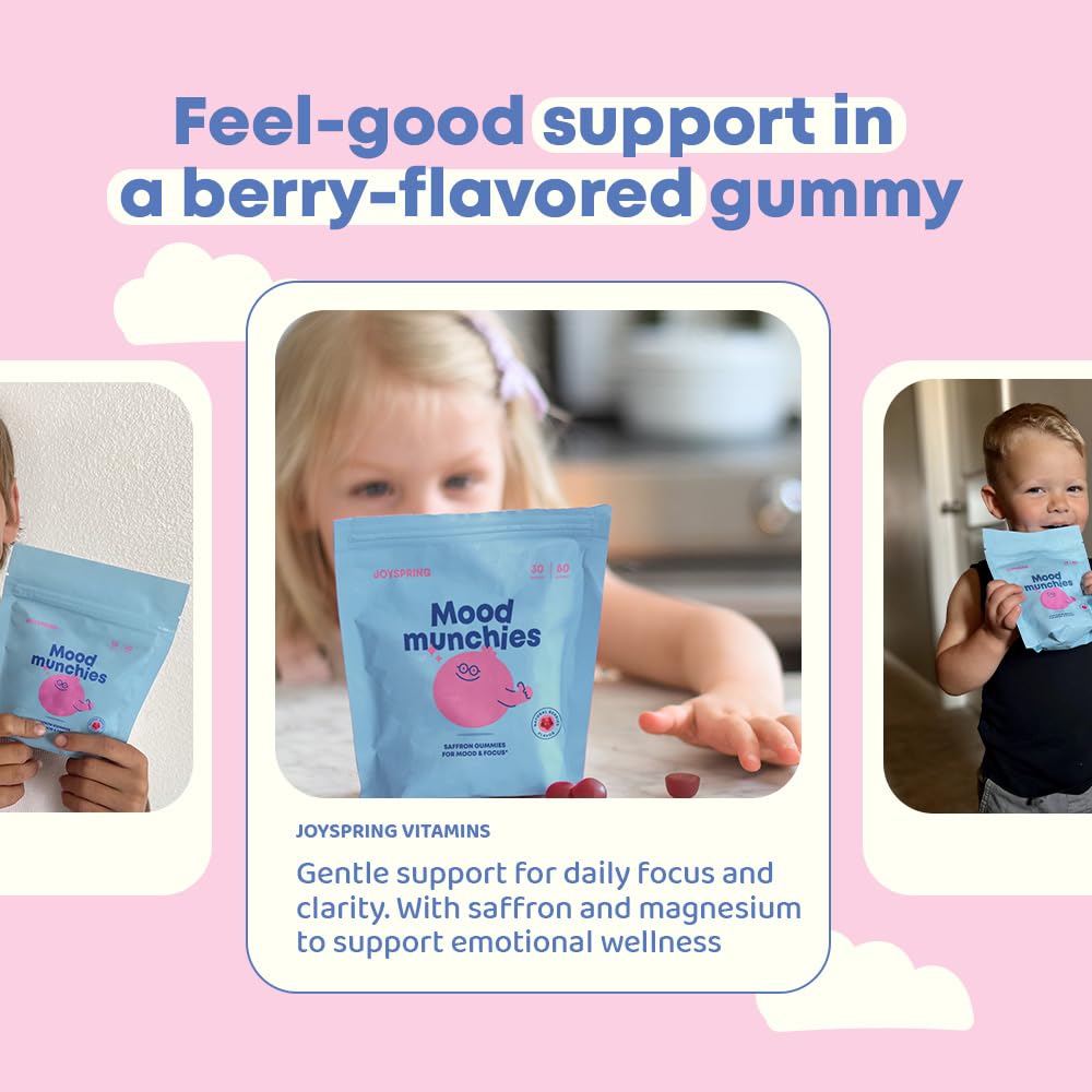 JoySpring Mood Munchies Saffron Gummies for Kids 4+ | Saffron Extract Supplement with GABA, Passion Flower & St Johns Wort | Sugar Free Vegan Brain Support & Kids Focus Gummies | Crafted in USA JoySpring uk supplements