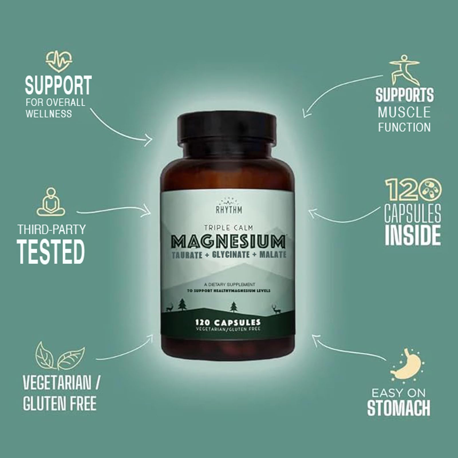 Natural Rhythm Triple Calm Magnesium Complex - 120 Capsules, Chelated Magnesium Glycinate, Taurate & Malate, High Absorption Supplement for Sleep, Stress, Muscle & Heart Support, Non-GMO, Vegan Natural Rhythm uk supplements