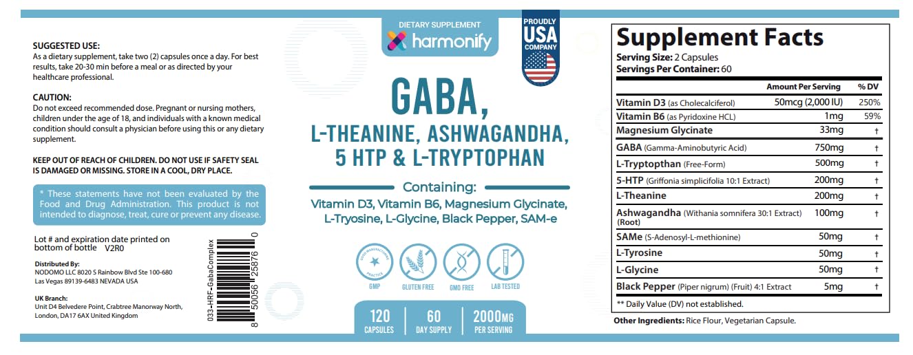 HARMONIFY GABA L-Theanine Supplements with Magnesium Glycinate, Ashwagandha, Same, 5-HTP and L-Tryptophan, 12 in 1 Supplements, 120 Capsules, 2000 mg HARMONIFY uk supplements