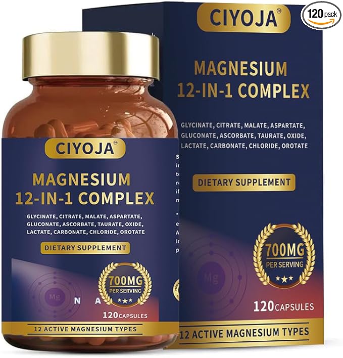 12-in-1 Magnesium Complex for Women Men: Magnesium Glycinate 700mg with Citrate, Malate Taurate Chelated Forms - High Absorption Magnesium Supplement for Relaxation Muscle Heart - 120 Vegan Capsules CIYOJA uk supplements