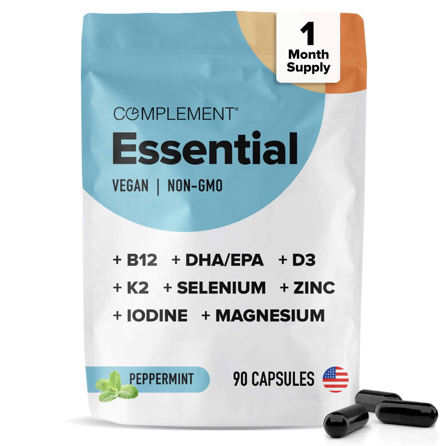 Complement Essential Vegan Multivitamin for Men & Women (30 Servings, 90 Capsules) with Omega-3 DHA & EPA, B12, Vitamin D3 & K2, Zinc, Selenium, Magnesium, Iodine - Supports Immunity & Overall Health Complement uk supplements