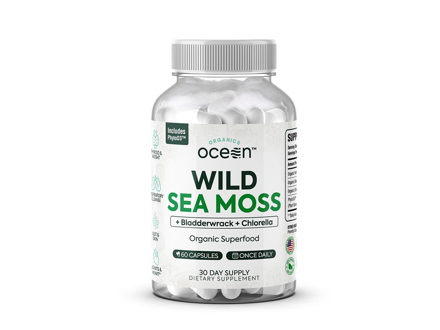 Organics Ocean Wild Sea Moss Capsules - 100% Organic Irish Sea Moss with Organic Chlorella, Bladderwrack and Vitamin D for Energy, Lung Health and Thyroid Support for Women and Men - 60 Capsules Organics Ocean uk supplements
