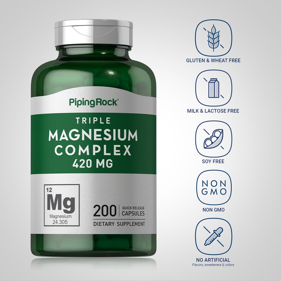 Piping Rock Triple Magnesium Complex | 420 mg | 200 Capsules | Magnesium Oxide, Citrate, and Aspartate Supplement | Non-GMO, Gluten Free Piping Rock uk supplements