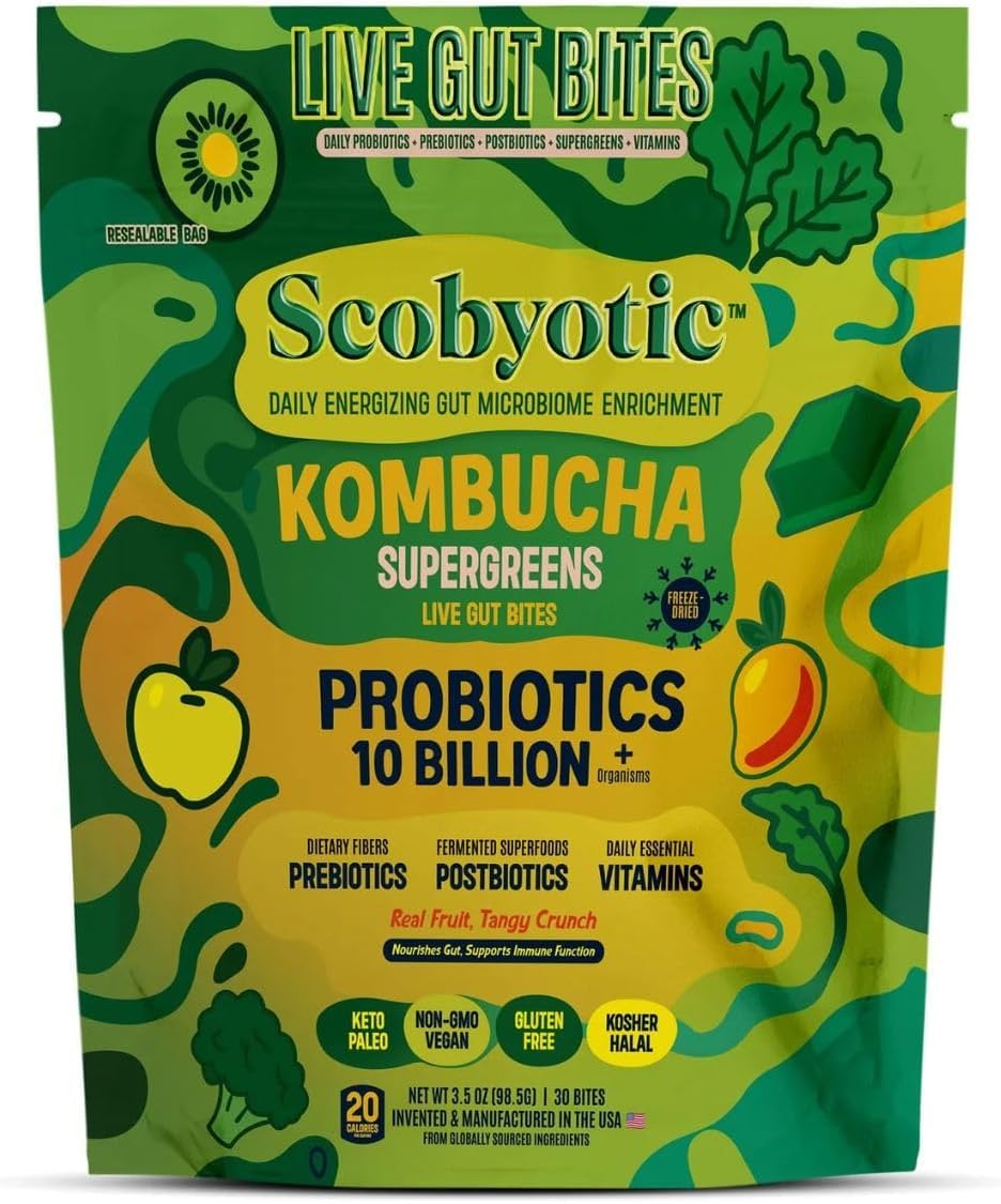 Scobyotic® Kombucha Supergreens Live Gut Bites – 10 Billion CFU Probiotics + Prebiotics & Postbiotics – Kombucha & Supergreens – Freeze-Dried Probiotic Supplement Scobyotic uk supplements