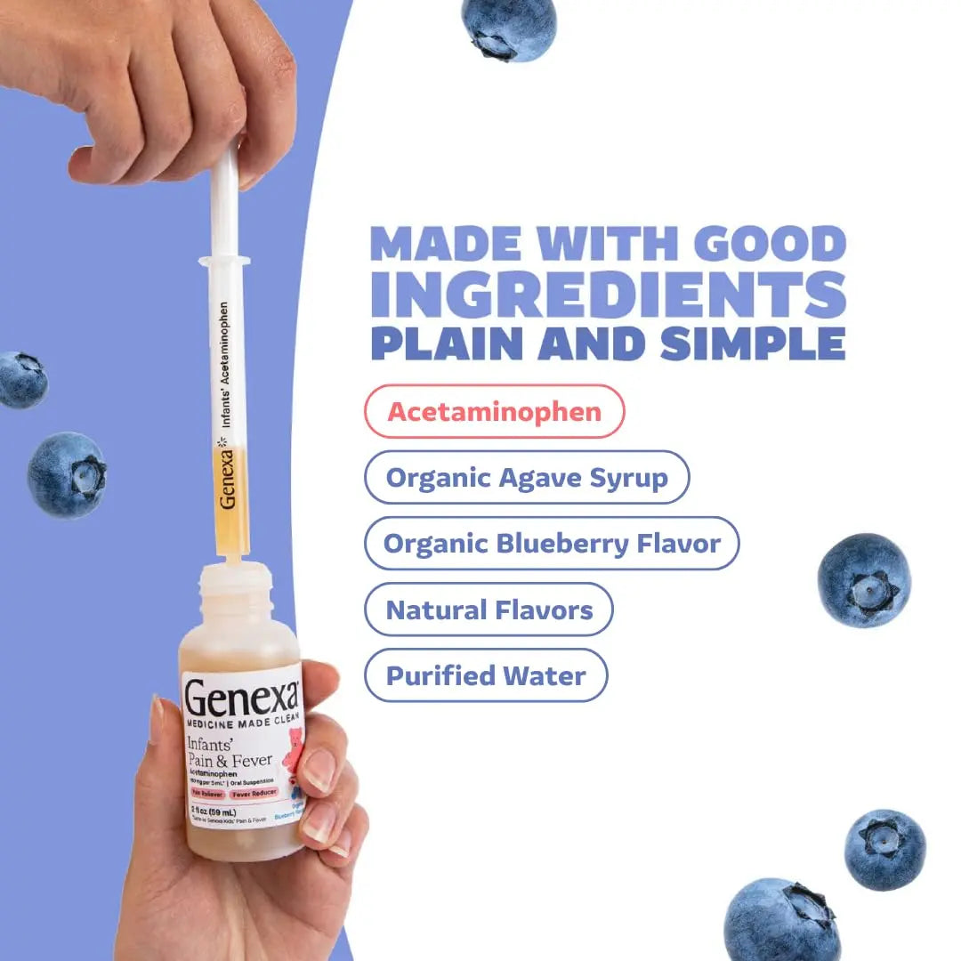 Genexa Infants' Clean Acetaminophen | Pediatrician Preferred Ingredients | Pain Reliever & Fever Reducer for Babies | Dye Free, 0% Artificial Additives | Delicious Organic Blueberry Flavor, 2 fl oz Genexa uk supplements