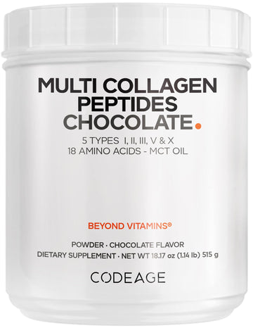 Codeage Multi Collagen Chocolate Protein Powder - Hydrolyzed Bovine Collagen Peptides, 5 Collagen Types & MCT Oil - Collagen Creamer, Chocolate Collagen Peptides - Protein Shakes - Non-GMO - 18.17 oz Codeage uk supplements