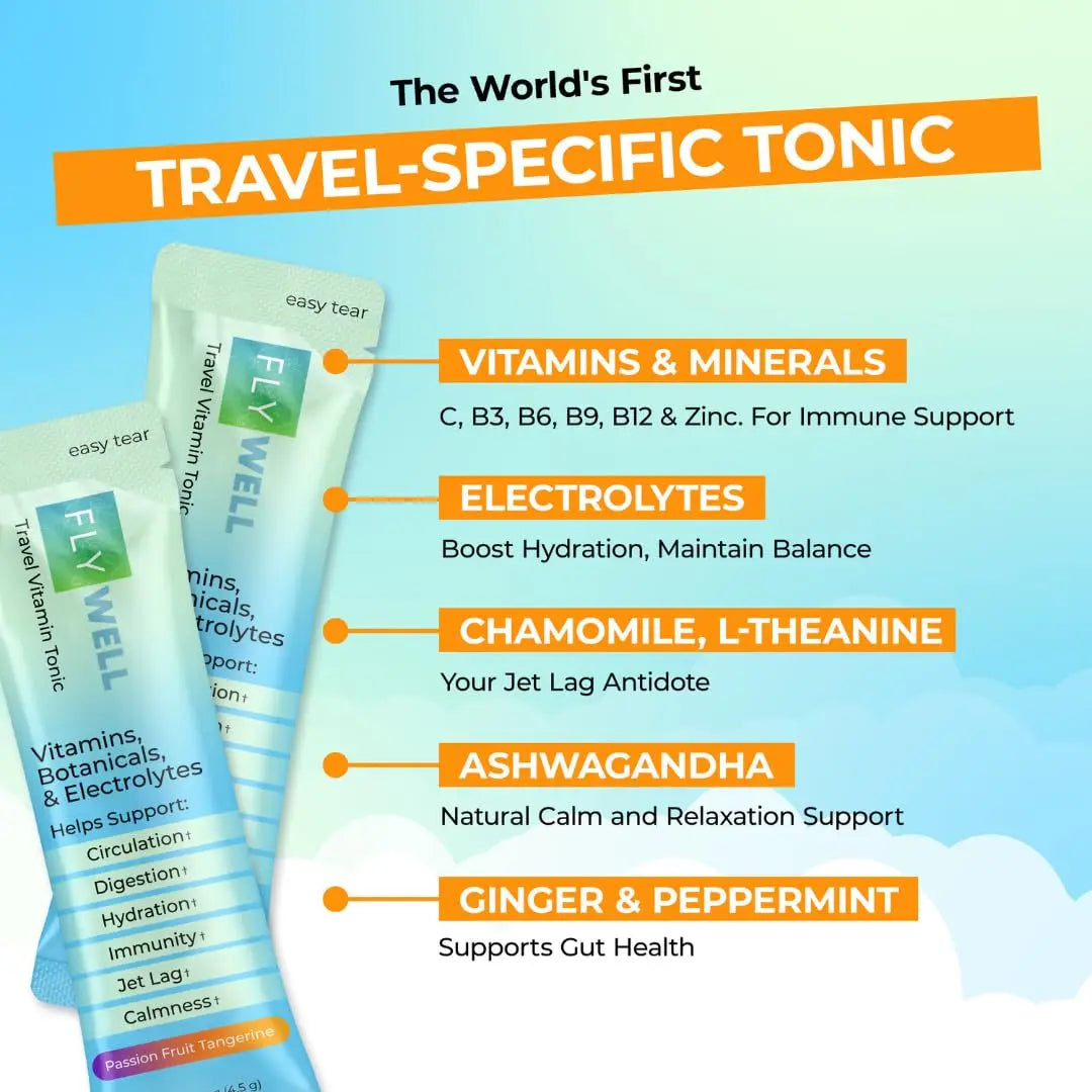 FlyWell Travel Vitamin Tonic for Flight, Jet Lag, Hydration, Circulation, Digestion & Immune Support, Promotes Calmness, Electrolyte Powder, Travel Essentials, FlyWell uk supplements